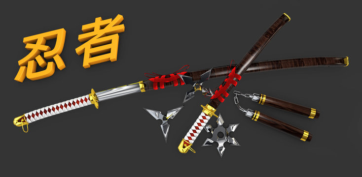 Japanese Katana. Samurai set Isolated weapons whit 3d Ninja word . 3d illustration.