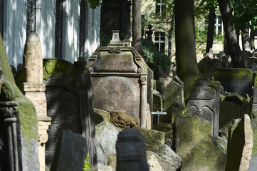 Tombstones on Old Jewish Cemetery in the Jewish Quarter in Prague.There are about 12000 tombstones presently visible