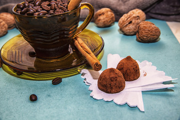 coffee beans, cinnamon, walnut, coffee cup, chocolate candy