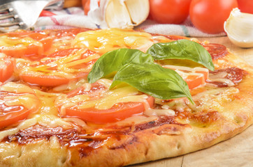 pizza with tomatoes and melted cheese