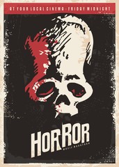 Naklejka premium Cinema retro poster design for horror movies with skull drawing on black background