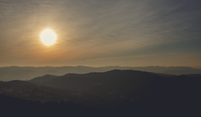 Panoramic mountain landscape in a city Barcelona. Europa, Barcelona, Spain. Old Building in Barcelona, Spain. Top view of the city. Barselona panorama.