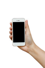 Hand holding mobile smart phone isolated on white background
