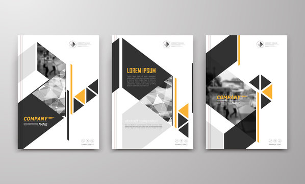 Abstract a4 brochure cover design. Text frame surface. Urban city view font. Title sheet model. Modern vector front page. Brand logo. Ad banner texture. Yellow triangle, arrow figure icon. Flyer