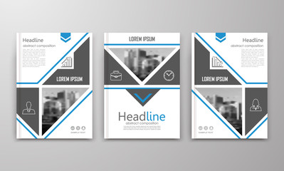 Abstract a4 brochure cover design. Text frame surface. Urban city view font. Title sheet model. Creative vector front page. Brand logo. Ad banner texture. Blue triangle, arrow figure icon. Flyer fiber