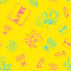 Retro hand-drawn sketches color seamless background with love symbols for valentines and wedding day