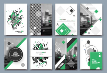 Abstract a4 brochure cover design. Text frame surface. Urban city view font. Title sheet model. Creative vector front page. Brand logo. Ad banner texture. Green round, square figure icon. Flyer