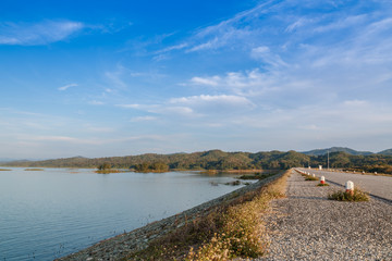 Landscape with  nature  trees and river on blue sky background