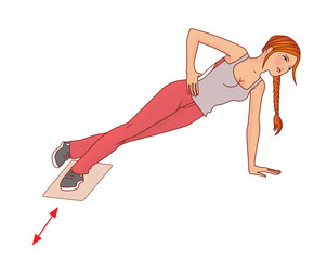 Exercise slipping back  with a towel, Girl with pigtail performs exercise with a towel on the slippery domiciliary floor to strengthen the gluteal muscles on a white background