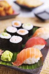 Various Japanese sushi on a plate, shallow depth of field