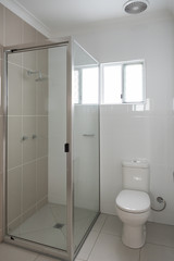Naklejka na ściany i meble New compact ensuite bathroom with shower and toilet