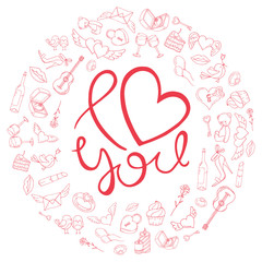 Love design in a circle of icons for Valentine's day