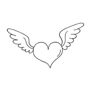 Valentines heart with wings. Outlined