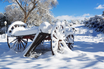 Winter Wagon Scene 01
A winter and snowy rural scene featuring an old snow covered wagon with large wooden wheels.
