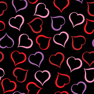 Different colour hearts pattern on black background. Illustration
