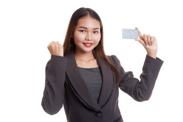 Young Asian business woman fist pump with blank card.