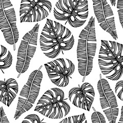 Tropical trendy seamless pattern with exotic palm leaves.