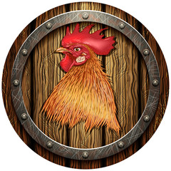 round wooden shield with the head of a cock