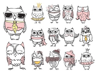 Vintage poster with stylish cute owls, vector illustration