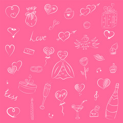 Hand Drawn Set of Valentine's Day Symbols. Children's Funny Doodle Drawings of Hearts, Gifts, Rings, Balloons. Sketch Style Vector Illustration.