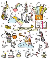 Magic set with cute unicorn and things