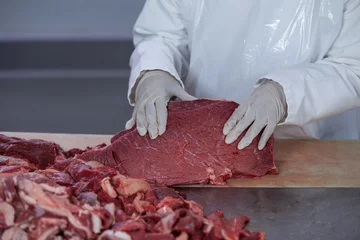 Papier Peint photo Viande Butcher with raw meat on worktop at meat factory