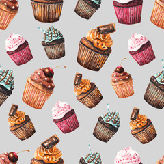 Seamless pattern with watercolor cupcakes