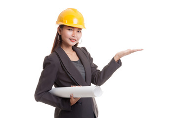Asian engineer woman with blueprints show her palm hand.
