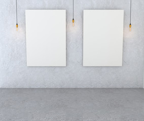 Mockup interior gallery. Paintings with a blank canvas and red l