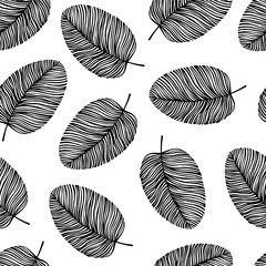 Black and white seamless pattern with hand drawn leaves