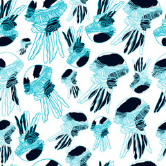 Jellyfish vector seamless pattern.