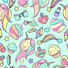 Seamless pattern with unicorns and sweets.