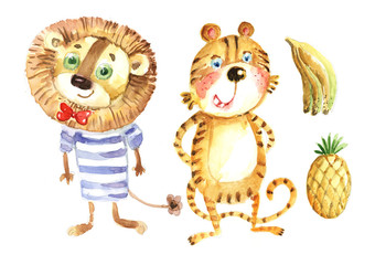 a lion and a tiger, pineapple, banana, watercolor