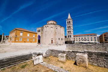 Church of st. Donat from the 9th century with roman artefacts in foreground in Zadar, Croatia