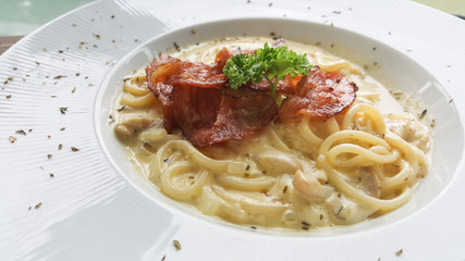 Spaghetti with bacon top view