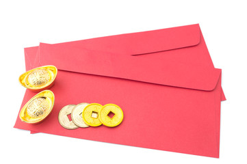 Red Envelope in isolated background with old golden money.Chinese new year decoration on an isolated background.
