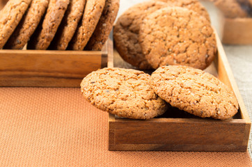 Close-up view on oat biscuits in wooden boxes