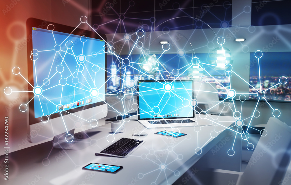 Aufkleber workplace with modern devices and hologram screens 3d rendering