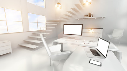 Modern white office interior with computer and devices 3D render