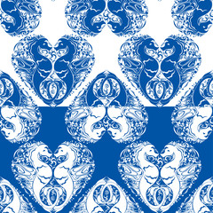 Seamless pattern with heart is made of Couple of seahorses. Two