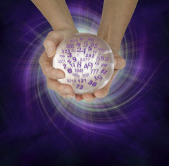 What are your lucky numbers - female hands cupped around a large crystal ball with random numbers emerging  on a  purple black spiraling energy field background with copy space below