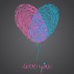 Valentines day design. Vector fingerprint sketch with heart. Hand drawn outline illustration with human finger print with pink and blue heart shape and text I love you
