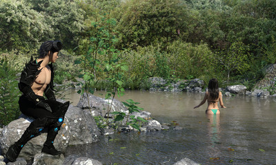 Fototapeta premium 3d render of a stunning nature scene with forest faun looking at beautiful woman entering the lake water