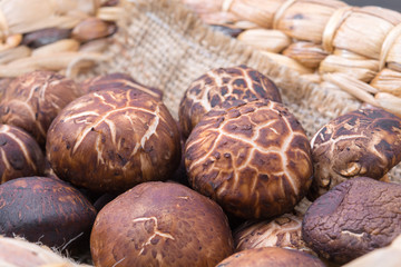 Fresh shiitake mushroom in a basket.
