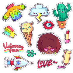 Cool stickers set in 80s-90s pop art style. Patch badges and pins with cartoon characters, food and things. Vector crazy doodles with african woman, strange cactus, ice cream cat etc.