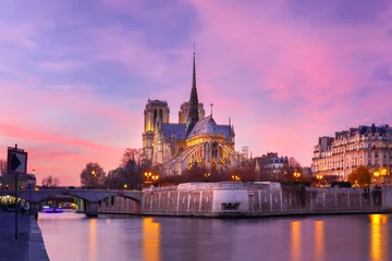 Fotobehang Schilderachtige grandioze zonsondergang over de kathedraal van Notre Dame de Paris, Frankrijk © Kavalenkava