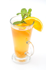 hot citrus or orange hot drink with orange slices and mint leaf, product photography for restaurant 