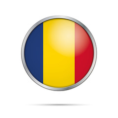 Vector Romanian Flag Button. Romania flag in glass button style with metal border.