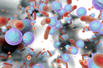 Biofilm of antibiotic resistant bacteria. Small red spheres are quorum sensing molecules used for bacterial communication inside biofilm. 3D illustration