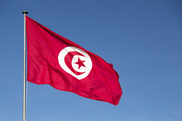 Tunisian flag waving in the clear blue sky